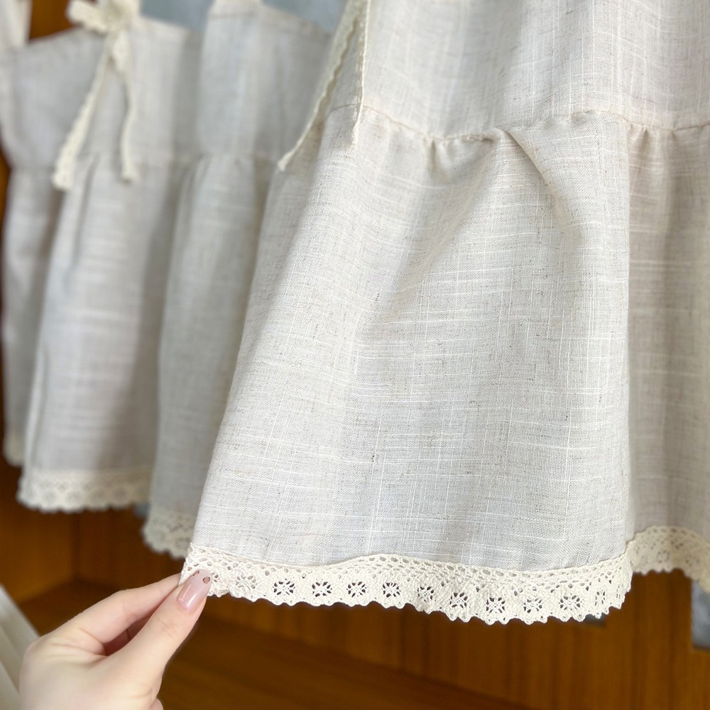 การออกแบบบ้านไร่ Boho Sheer ผ้าม่านสั้น Ruffled ห้องครัว Valance สําหรับ Cafe หน้าต่างขนาดเล็กผ้าลินินดู Bohemian Neutral ผ้าม่าน Topper Tab Top - รูปที่ 4