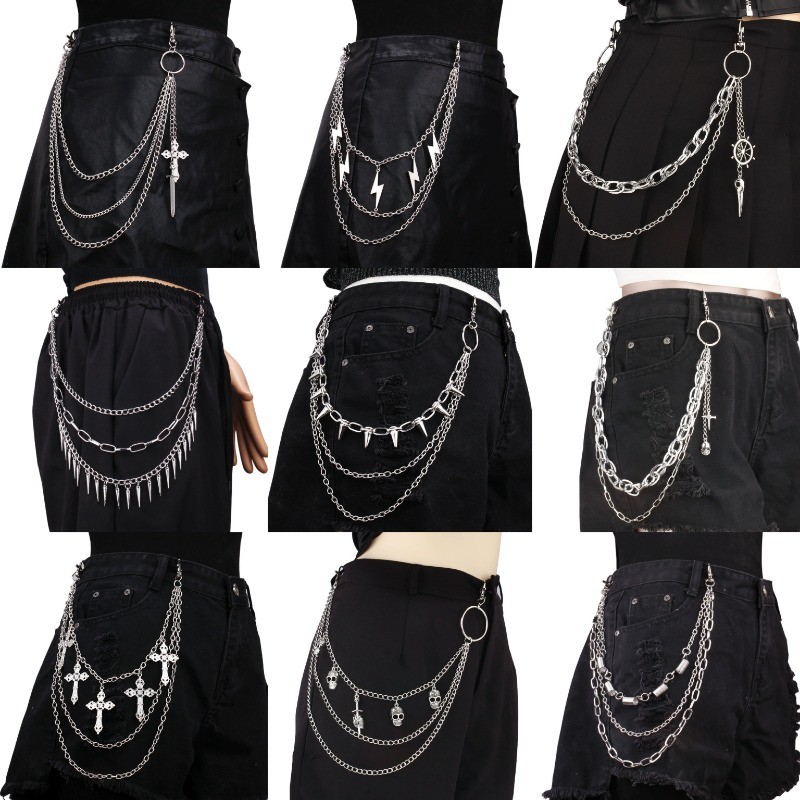 Simple อินเทรนด์ Multilayer กางเกงสําหรับชายผู้หญิง Unisex Hip-hop Punk Rivet Skull กางเกงยีนส์อุปกรณ์เสริม