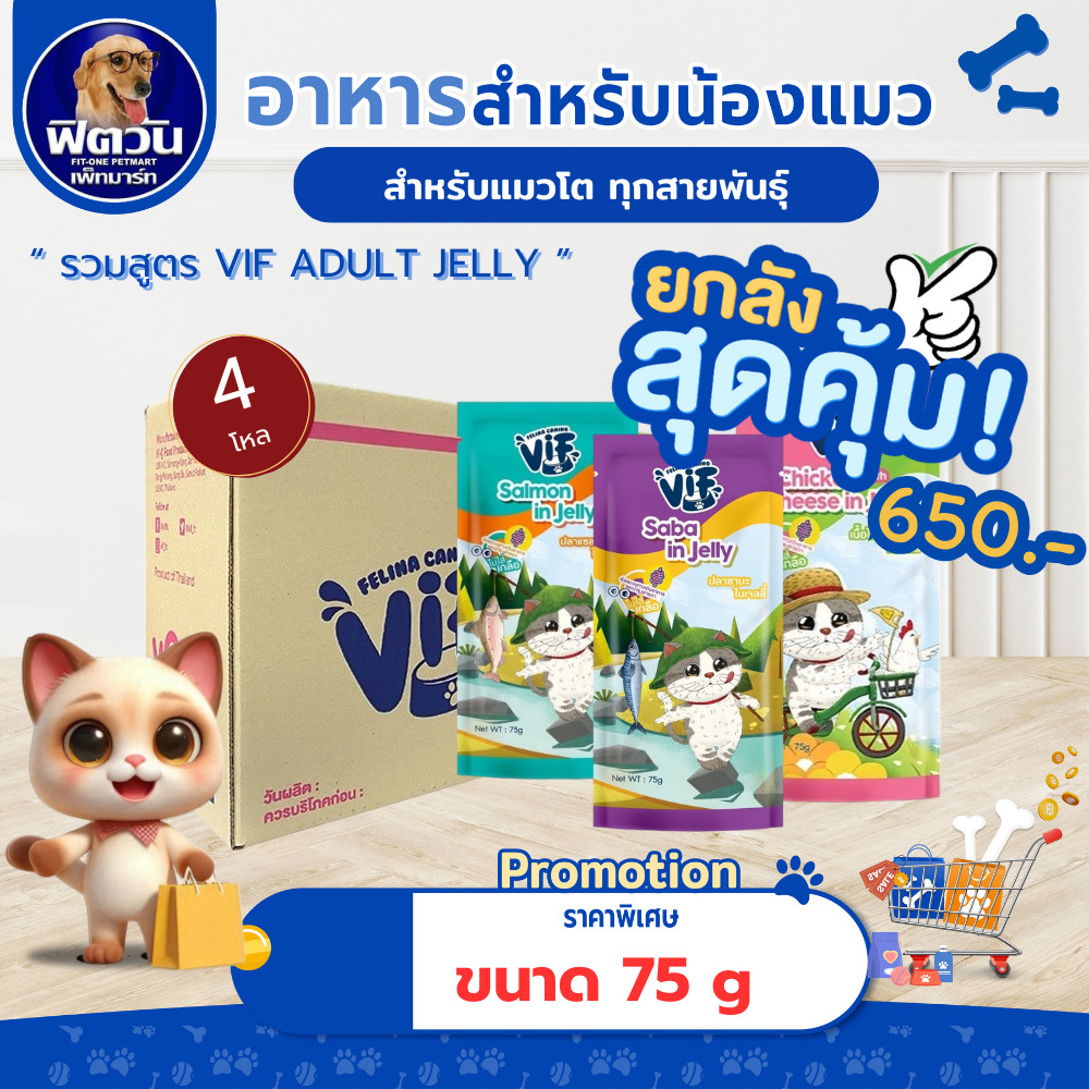 [ยกลัง! x 48] VIF In Jelly อาหารเปียกแมว ช่วยระบบทางเดินอาหาร และ บำรุงสายตา ขนาด 75 g. จำนวน 4 โหล {อาหารเปียกแมว}