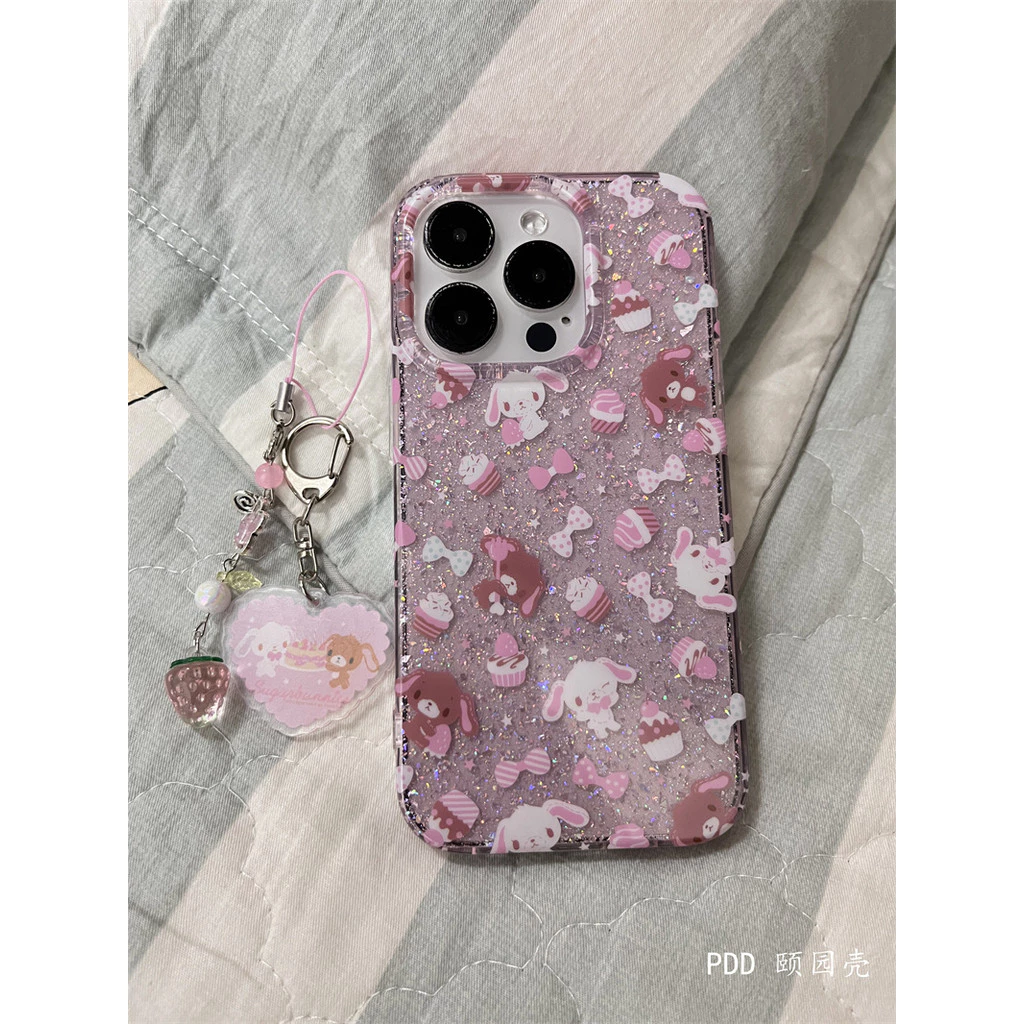 กระต่ายขนมสีชมพูสองชั้น + สร้อยข้อมือ เหมาะสำหรับเคสโทรศัพท์ Iphone16 Apple 15promax ใหม่ 14pro เคสป้องกันผู้หญิง 13