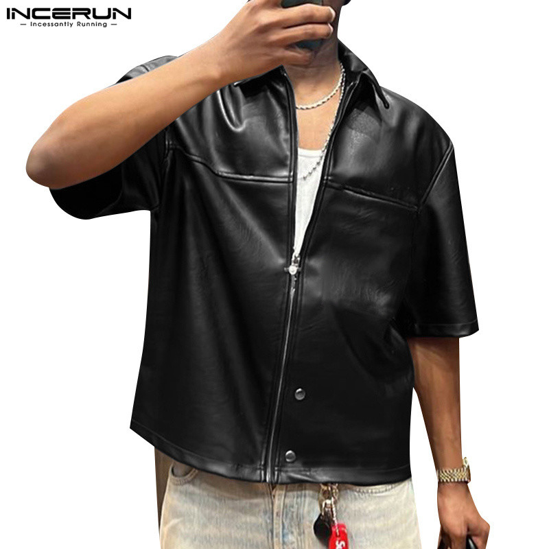 Incerun เสื้อเชิ้ตมีซิปหนังเทียม PU สําหรับผู้ชาย