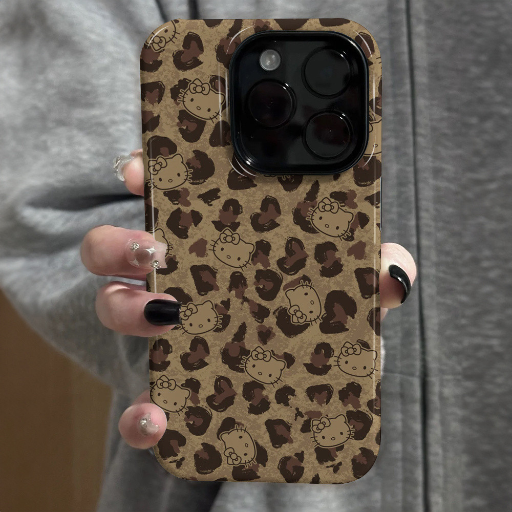 2-in-1 เสือดาวพิมพ์ KT Cat Apple 17/16 เคสโทรศัพท์ iPhone 15 Pro Max ฟิล์มใหม่ 14/13 Creative 12/11 Pro Max 7/8 Plus สองชั้นเคสโทรศัพท์เคลือบเงา