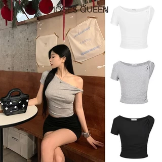 MOSESQUEEN เสื้อเบลาส์สไตล์คอเฉียงและดีไซน์เปิดไหล่ - แฟชั่นผู้หญิง #62823