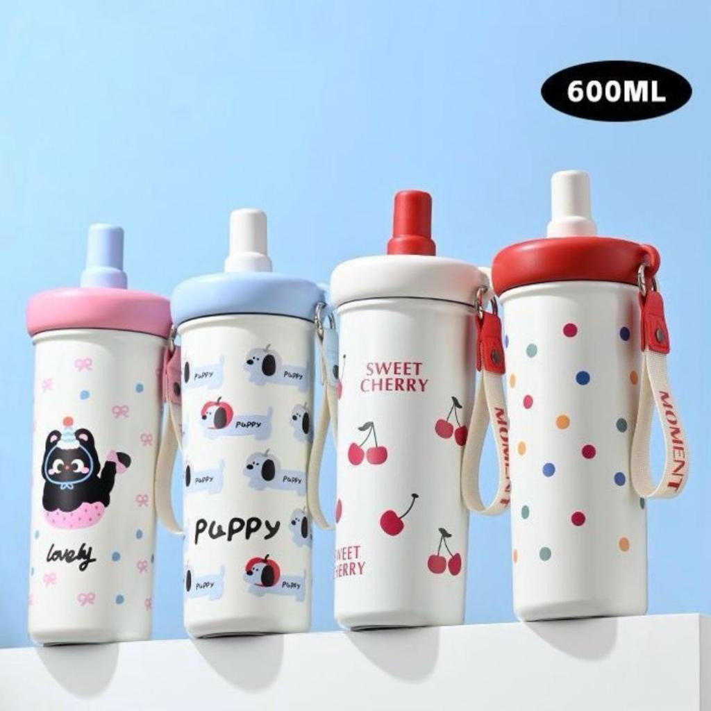 Cherry Paws Tumbler 600ml Stainless SUS 316 / Viral Cute Cherry Puppy Cat Drinking Bottle [DS-2501]