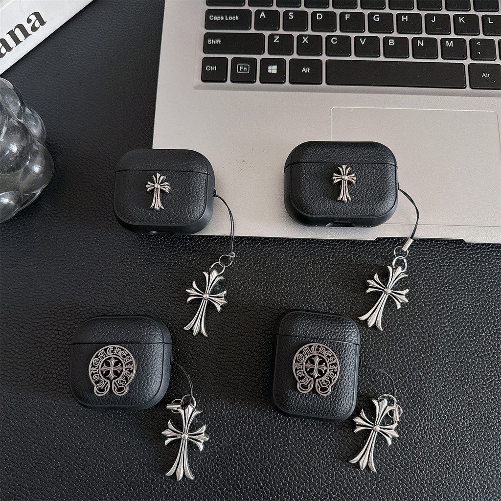 Chrome Crossลิ้นจี่ปกหนัง PU ปลอกเชลล์สําหรับ AIRPODS 4 ANC PRO 1/2/3 เคสป้องกัน
