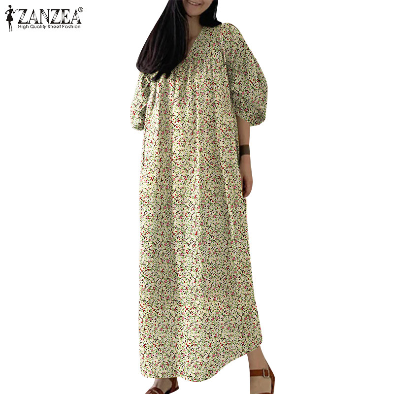 Zanzea ผู้หญิงเกาหลี Vintage Leisure V คอ 3/4 แขนโคมไฟ Pleats Baggy เดรสลายดอกไม้