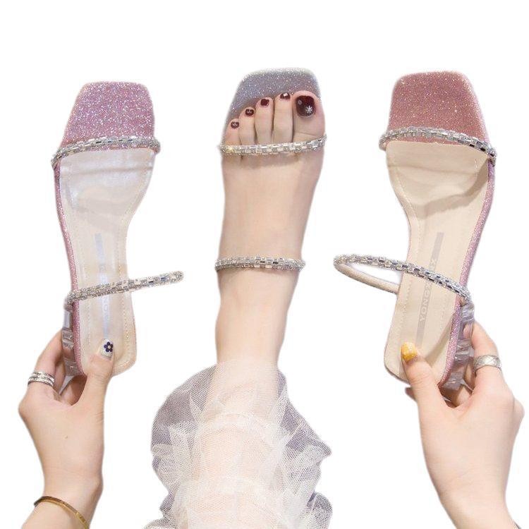 รองเท้าแตะผู้หญิงสวมใส่ด้านนอก 2025 ฤดูใบไม้ผลิใหม่สไตล์ส้นหนา Rhinestone All-Match Flip-Flops แฟชั่นสแควร์หัวคริสตัลรองเท้าแตะผู้หญิง