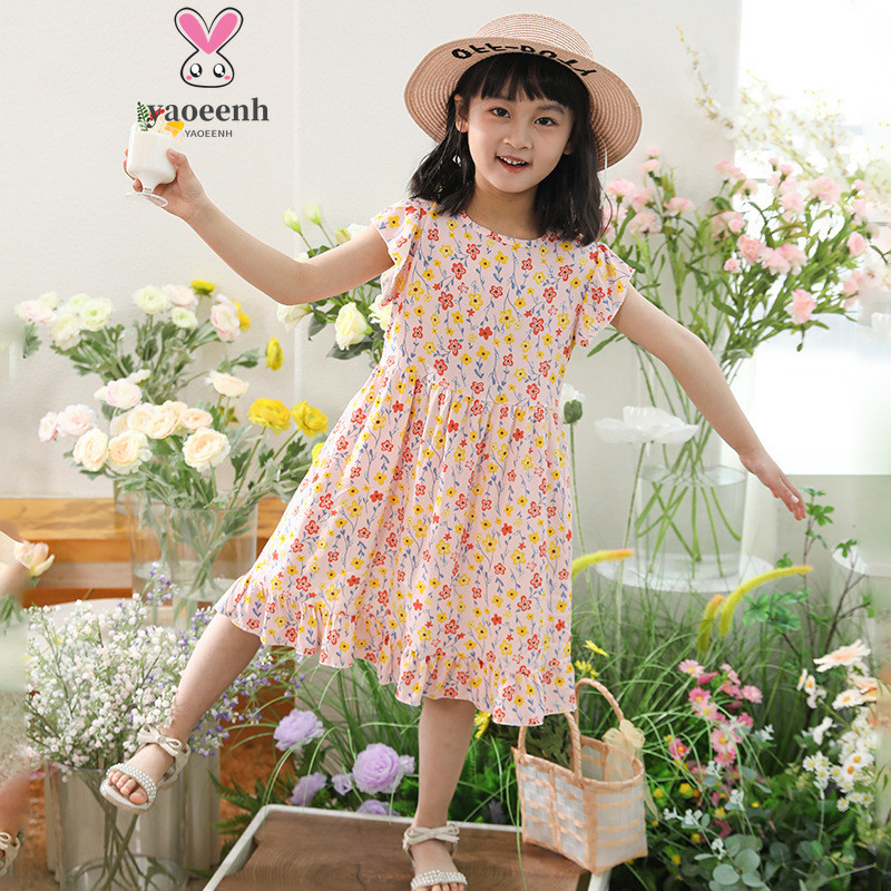 【YAOEENH】ชุดเดรสกระโปรง แขนทรงคลื่น ลายดอกไม้ สไตล์เจ้าหญิง สําหรับเด็กผู้หญิง ขนาดใหญ่ 100-170 ซม. พร้อมส่ง