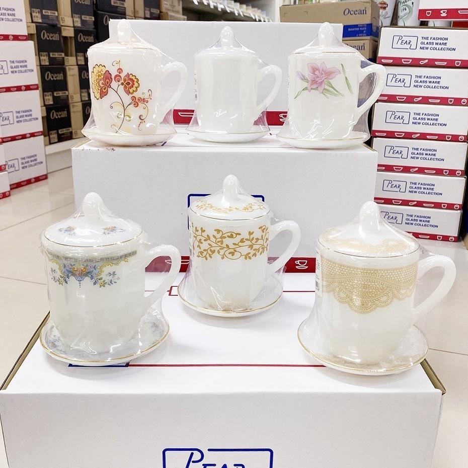 [1ใบ] ถ้วยน้ำชาแก้วมุก 14ออนซ์ พร้อมฝาปิดและจานรองแก้ว PEARL Opal Glass Coffee Mug