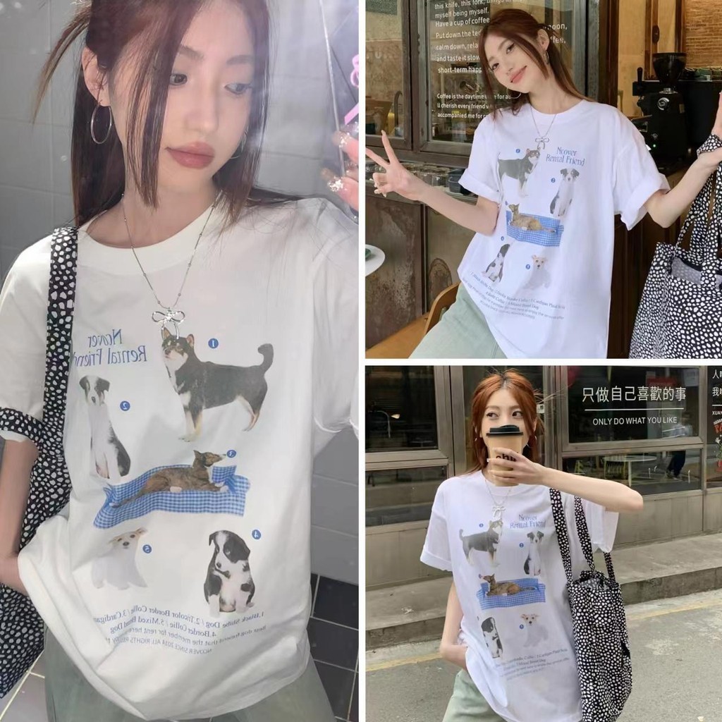 cherryshop พร้อมส่งกาง เสื้อยืดแขนสั้นพิมพ์ลายน้องหมา สีขาวoversize น่ารักและทันสมัย ทรงหลวม เสื้อยืดพิมพ์ลายน่ารักสไตล์