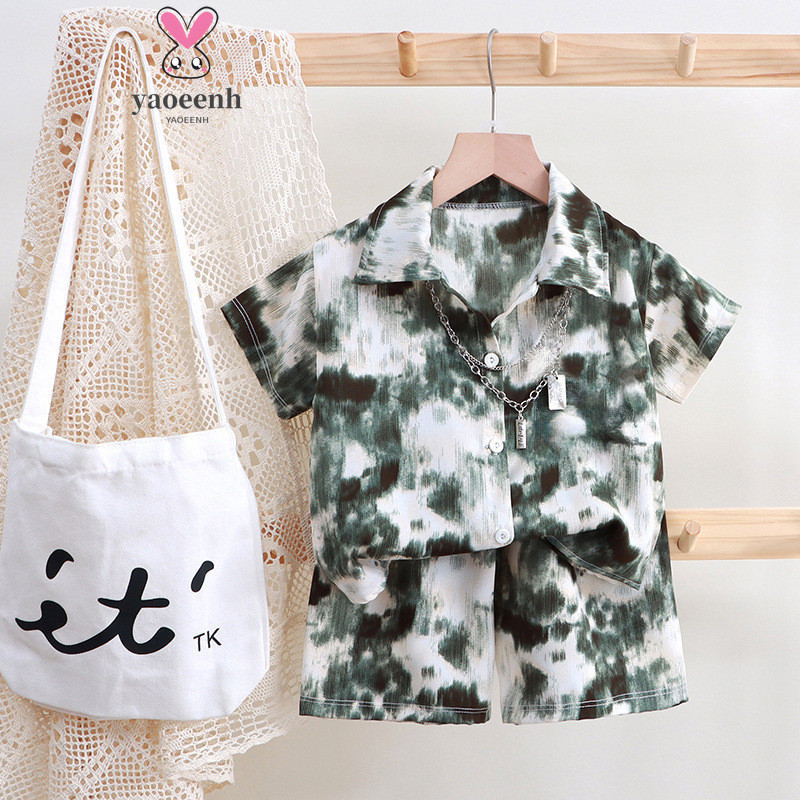 【YAOEENH】พร้อมส่ง เสื้อยืดคาร์ดิแกน แขนสั้น คอปก ลายดอกไม้ และกางเกงขาสั้น ทรงหลวม 80-160 ซม. สําหรับเด็กผู้ชาย