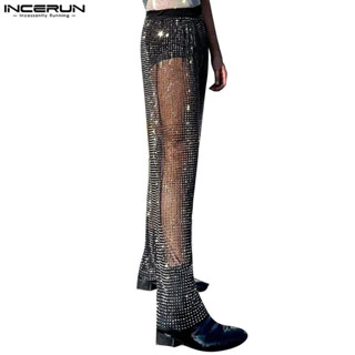 Incerun กางเกงขายาวลําลอง ซีทรู ทรงหลวม เซ็กซี่ แต่งกลิตเตอร…