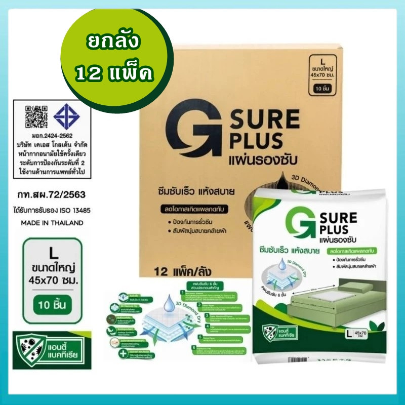 💥ยกลัง!💥 G SURE PLUS แผ่นรองซับ💥 1 ลัง 12 แพ็ค - สีขาว ซึมซับเร็ว แห้งสบาย ลดโอกาสเกิดแผลกดทับ