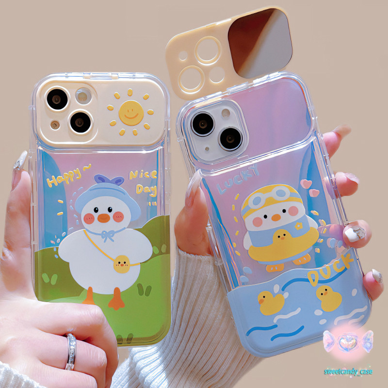 [ท้องถิ่น] เคสโทรศัพท์กระจกแต่งหน้าเป็ดน้อยสีเหลืองน่ารักเข้ากันได้กับ iPhone X XR XS 11 13 15 12 Pro Max 7 8 14 15 Plus