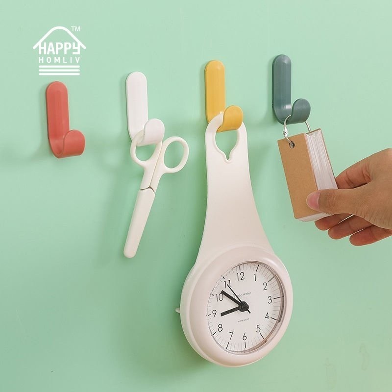 HAPPY HOMLIV [4pcs] ตัวแขวนเสื้อรูปตัว J พร้อมสติ๊กเกอร์ไร้รอยต่อ ตะขออเนกประสงค์สำหรับห้อง ประตู ห้องครัว - รูปที่ 2