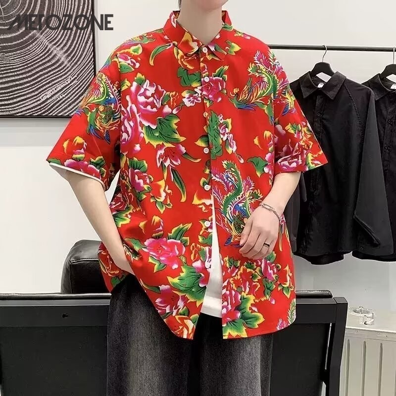 MeTozone เสื้อเซเลบริตี้สไตล์จีน สูท Retro Tang พิมพ์ลายดอกโบตั๋นแขนสั้น