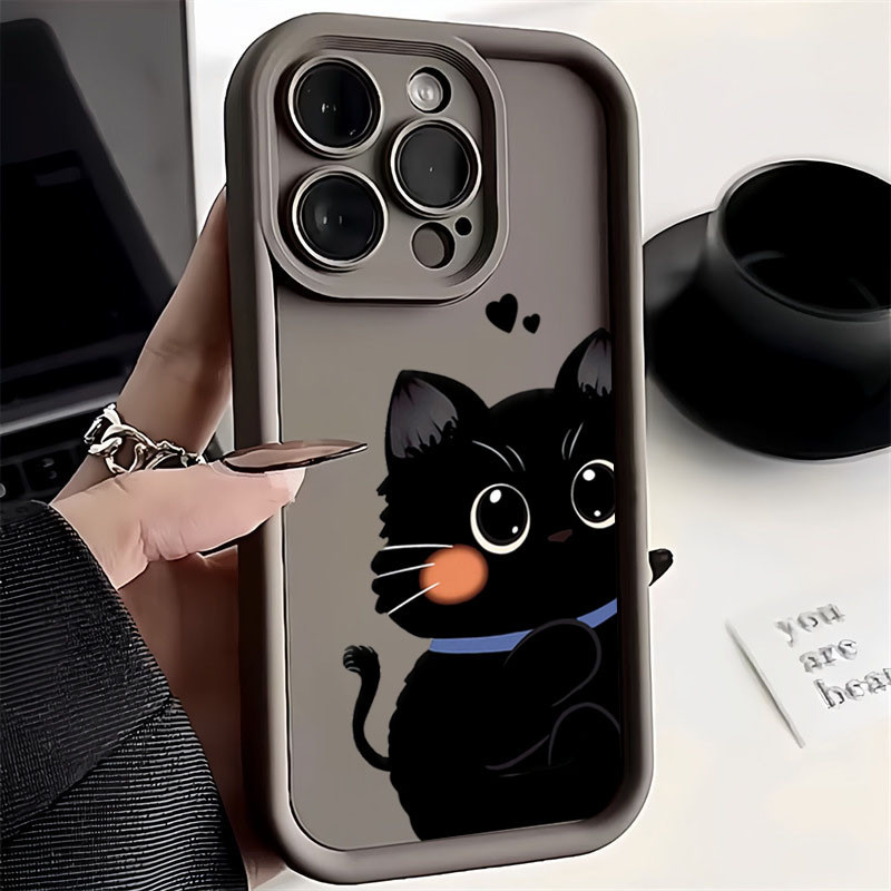 สําหรับ Xiaomi Poco F3 F5 X5 X3 X6 M6 F6 Pro Mi 11 Lite 5G NE Mi 13T 13 12T 12X 11T 12 14 Pro น่ารักการ์ตูนแมวดําขี้อายแมวเคลือบซิลิโคนกันกระแทกฝาครอบ