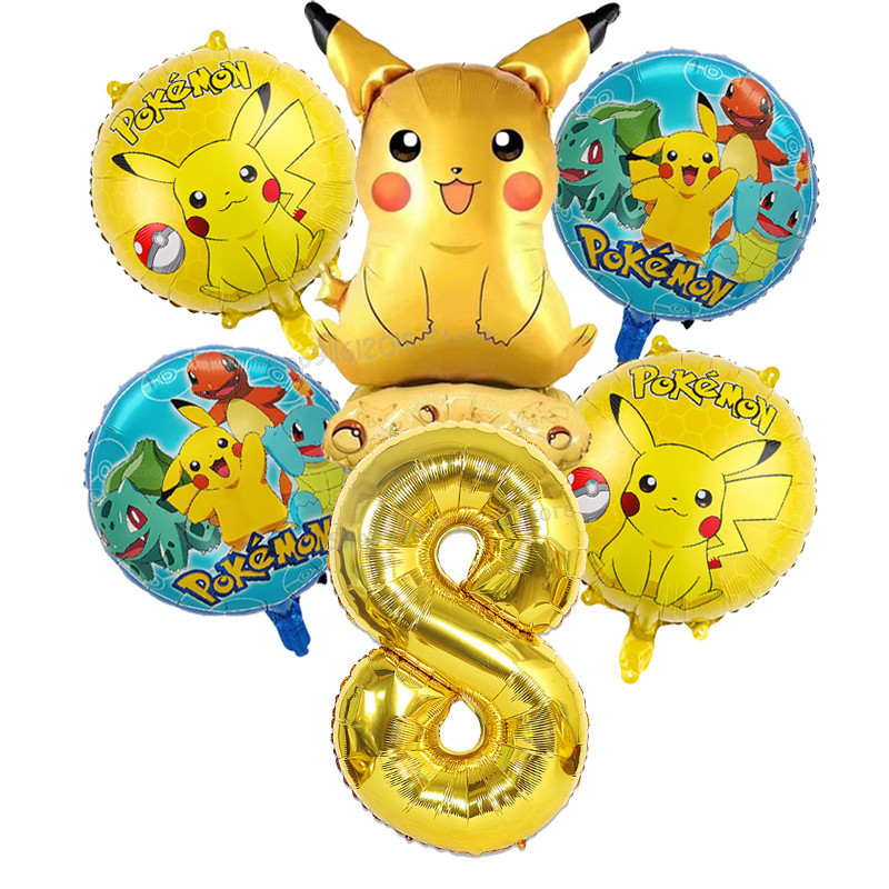 Pikachu Balloon Set 6 ชิ้น 1-9 ปี Digital Balloon Pok é mon การ์ตูนอลูมิเนียมฟอยล์บอลลูนการ์ตูนวันเกิดอุปกรณ์ตกแต่ง