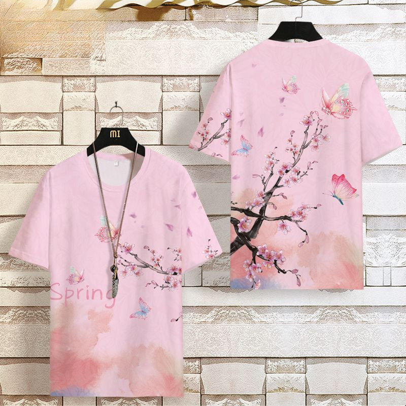 เสื้อยืดสีชมพูผู้ชายแฟชั่นแขนสั้นเสื้อยืดฤดูร้อนขนาดบวกหลวมด้านบนสไตล์จีนผู้ชายท็อปส์ถนนแฟชั่นสวมใส่