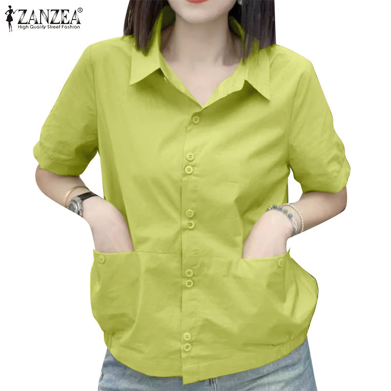 Zanzea ผู ้ หญิงเกาหลี Turn-Down-Collar Plain Color Pockets ปุ ่ มเสื ้ อแขนสั ้ น