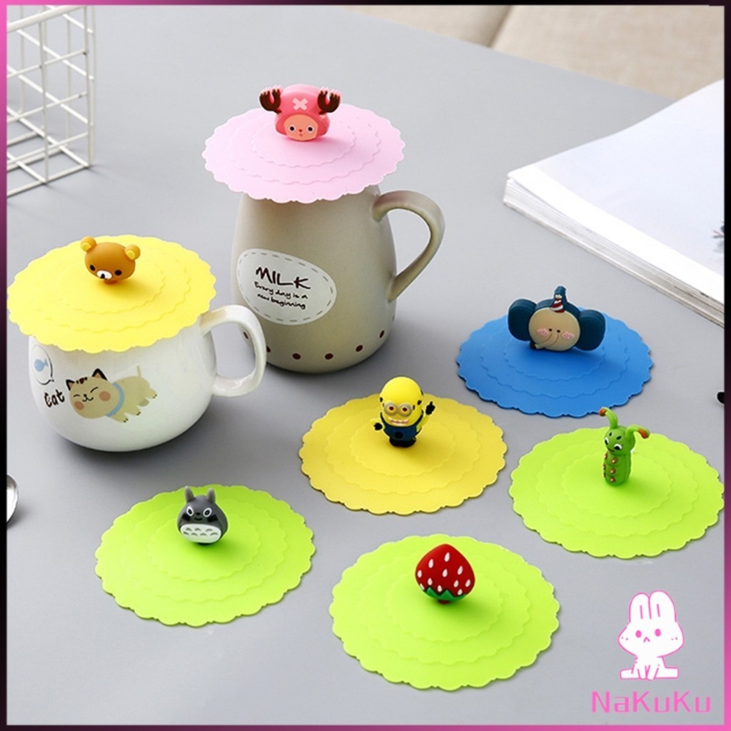 Nkk ฝาปิดซิลิโคนถ้วยแก้ว ที่จับเป็นการ์ตูน ขนาด10cm นำกลับมาใช้ใหม่ได้ Cup Lid