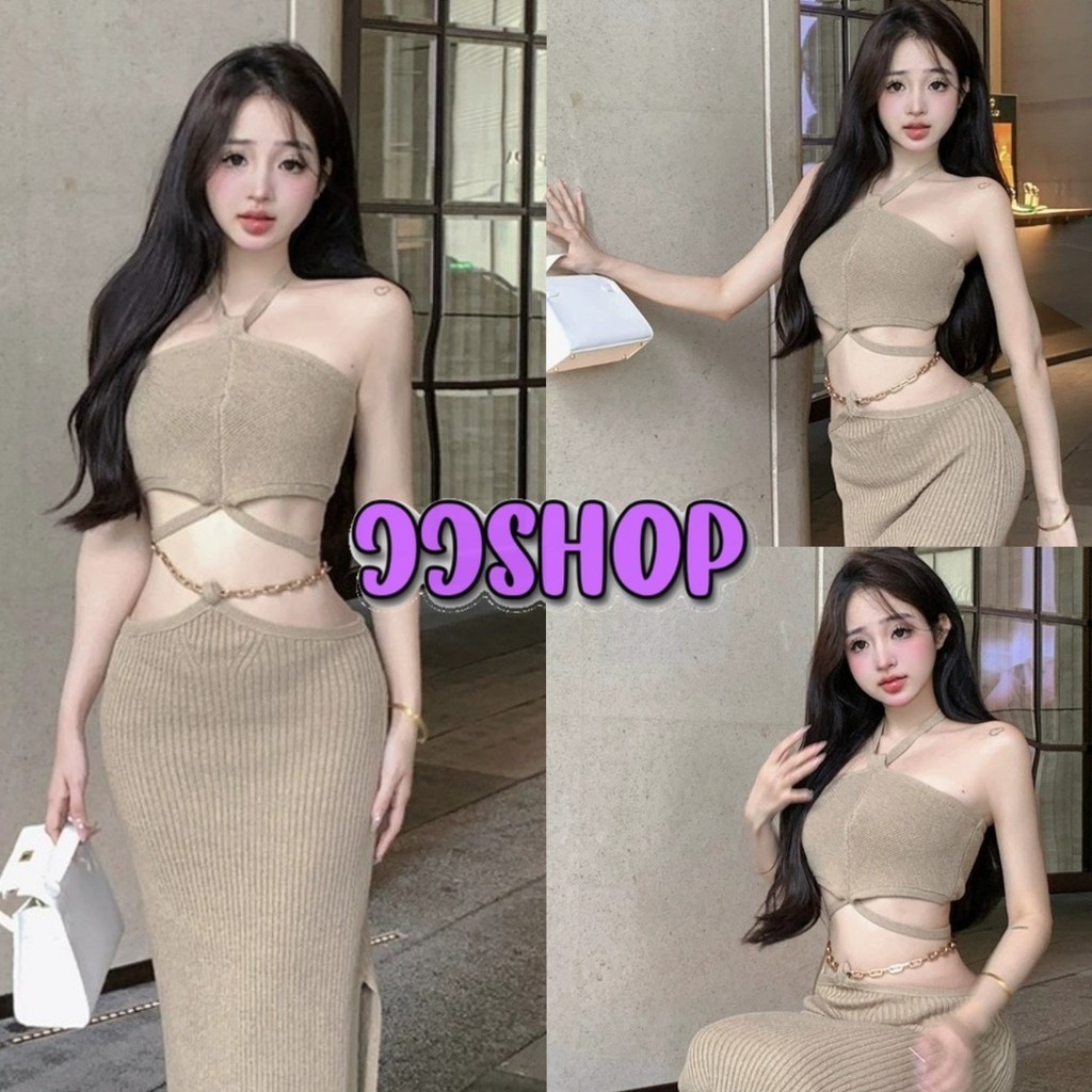 JJ Shop​ ​พร้อมส่ง ชุดเซ็ต เสื้อสายเดี่ยว+กระโปรงไหมพรม ดีเทลผ้าร่องสีกากี เรียบหรู "M1366+M1367)