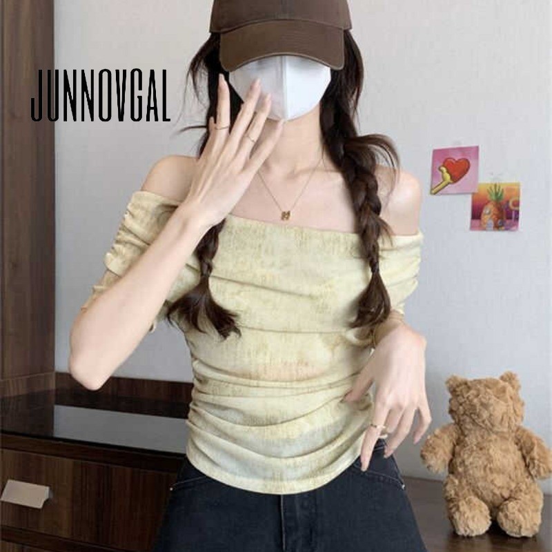 Junnovgal เสื ้ อยืดผู ้ หญิงแขนสั ้ น 2024 ปิดไหล ่ สีทึบสไตล ์ ใหม ่ โปร ่ งแสง