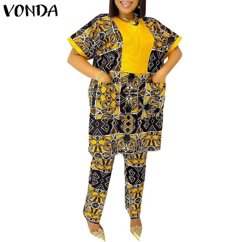 Vonda ผู ้ หญิงวินเทจแฟชั ่ นคอวีปิดไหล ่ แขนพิมพ ์ เสื ้ อ + Trousers
