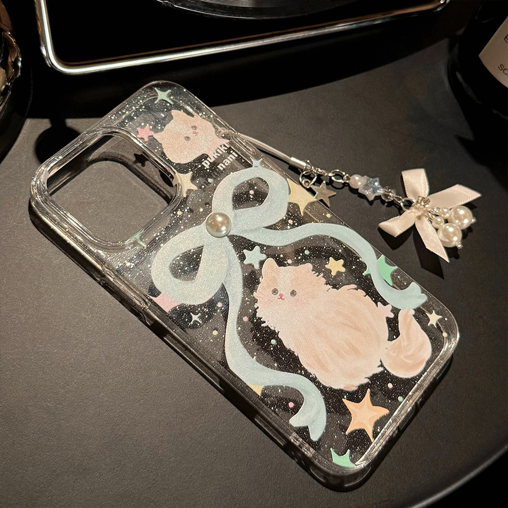 Bow Cat 3D Pearl โปร ่ งใส Caes สําหรับ iPhone 11 11Promax 12 13 14 15 Pro Max 14plus 15plus ปลอกประกายสีชมพูโปร ่ งใสนุ ่ มปก