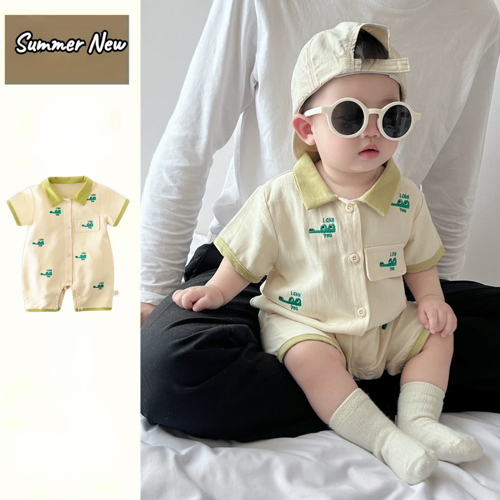 ฤดูร้อนเด็กแขนสั้น ชุด 0-24 เดือนที่มีคุณภาพสูงการ์ตูนจระเข้โปโล ชุดรอมเปอร์ สไตล์เกาหลีซูเปอร์หล่อ