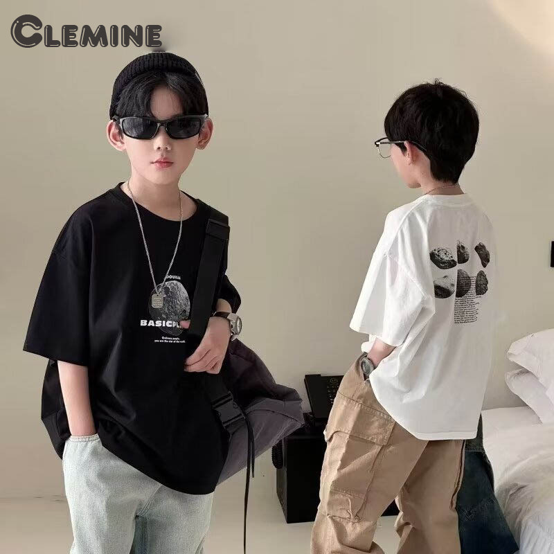 Clemine เสื้อยืดแขนสั้นลายกราฟฟิตีสำหรับเด็กเสื้อยืดแขนสั้นย้อนยุคอินเทรนด์แบรนด์หลวม