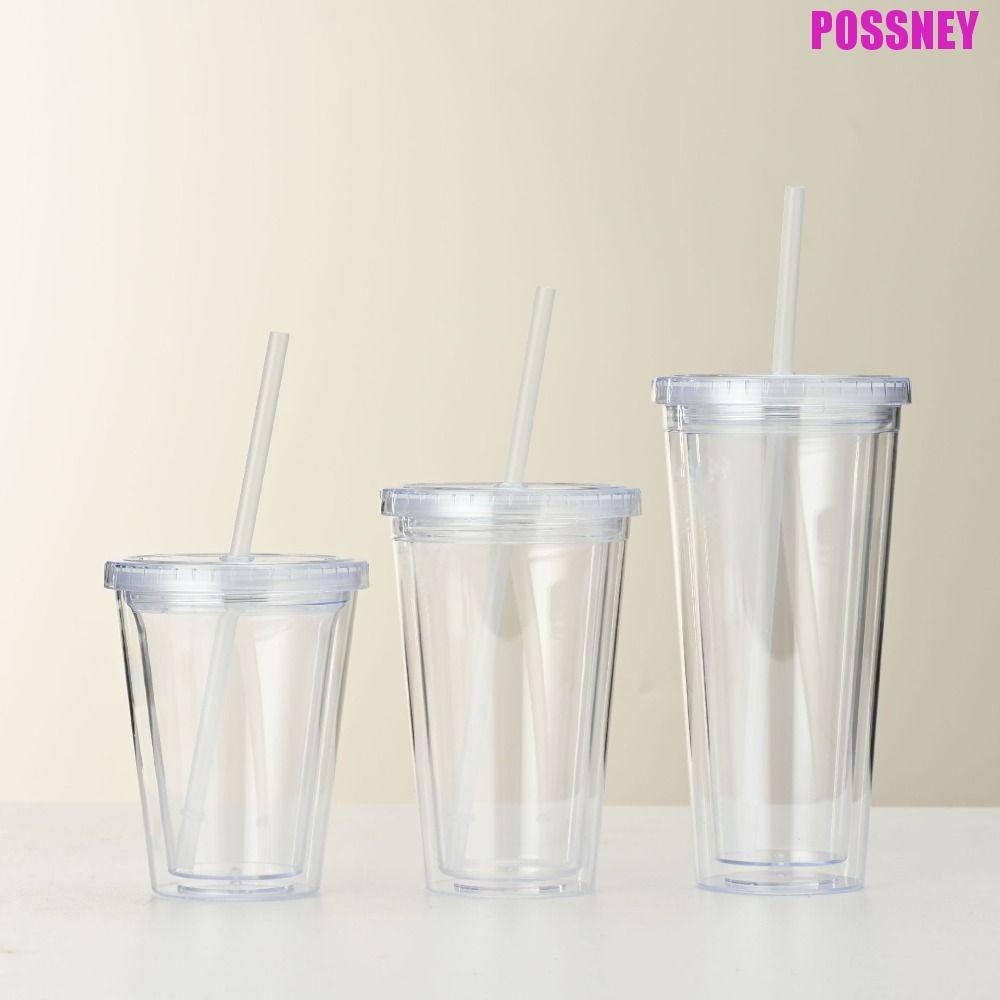 Possney แก้วน้ําใส, 350/450/650ml พร้อมฝาปิดและขวดน้ําฟาง, Househo Transparent Double-Layer Plastic Iced Coffee Cup Milk