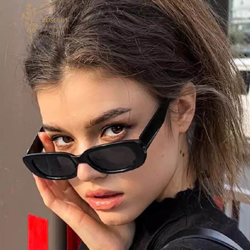 Roselife Unisex แคบสี่เหลี่ยมผืนผ้ากรอบแว่นตากันแดดสีดําสําหรับผู้ชายผู้หญิง Ultrathin แฟชั่นกลางแจ้ง UV400 ป้องกันแว่นตาความงาม Shades ขับรถแว่นตา