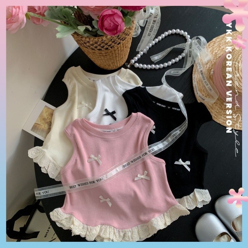 Girls' Lace Lace Vest2024Summer New Children's Bow Korean Style SleevelessTT-shirt Baby Girl Top