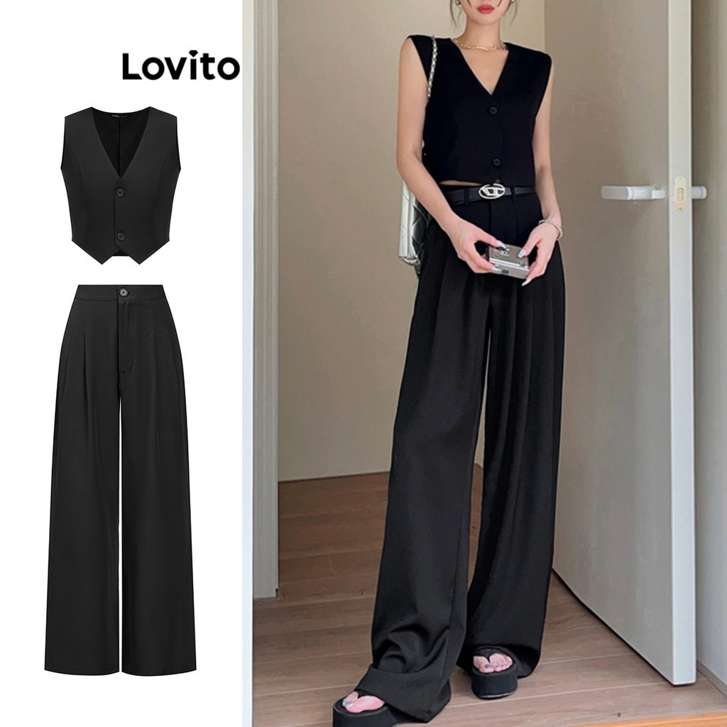 Lovito ชุดเซ็ทกางเกง แต่งจีบ มีกระดุม สีพื้น สไตล์ลำลอง สำหรับผู้หญิง L88AD121