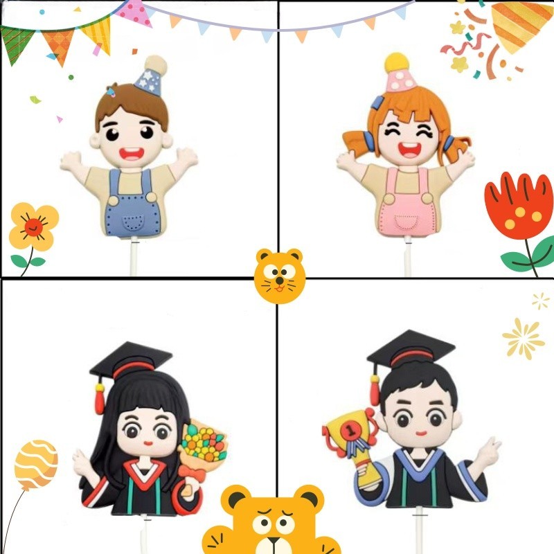 ตุ๊กตากาวนุ่มเด็กชายและเด็กหญิงมีความสุขเด็กชายและเด็กหญิงตกแต่งเค้กปาร์ตี้เด็กกาวอ่อนปลั๊กอิน