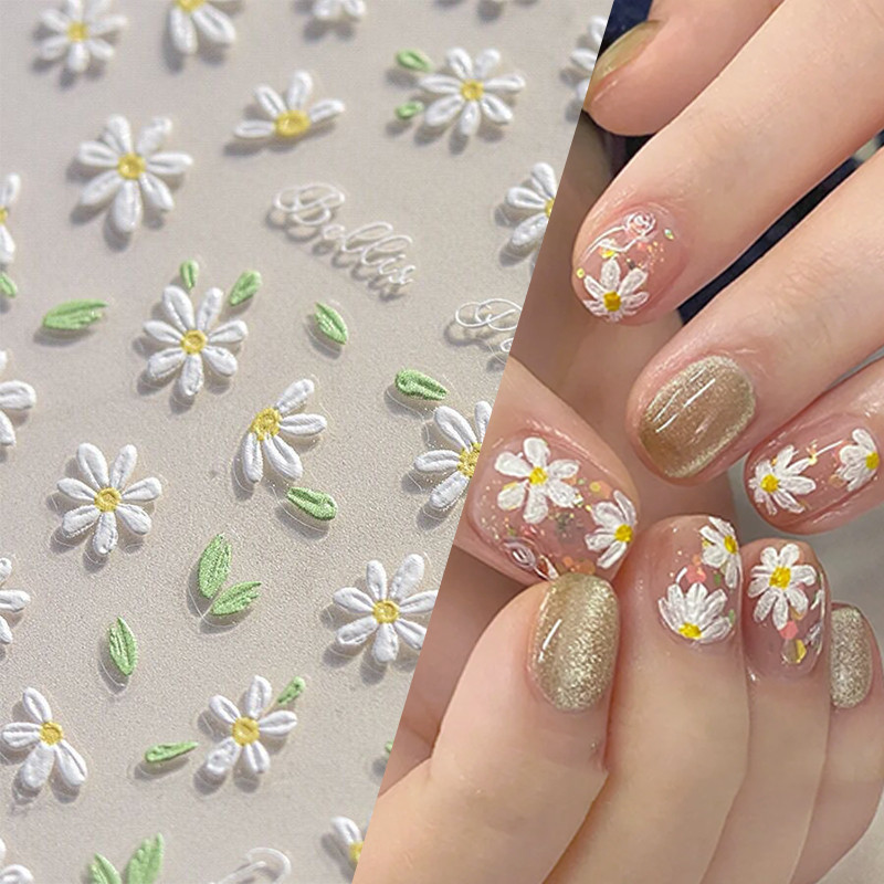 Born PRETTY 3D สติ๊กเกอร์ติดเล็บสีขาว Daisy ฤดูใบไม้ผลิดอกไม้ Leaf กาวออกแบบ Decals Nail Art ตกแต่งเล็บ