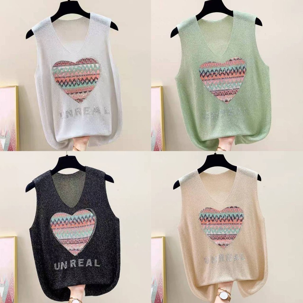 เสื้อกล้ามแฟชั่นผู้หญิงขนาดฟรีไซส์ ผ้าไหมพรมวิ้งๆ คอวีลายหัวใจ ผ้ายืดได้เยอะมากกกผ้านิ่มใส่ดี เย็นสบาย
