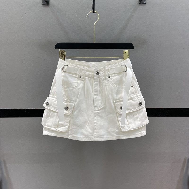 ทหารสีเขียว workwear กระโปรงยีนส์สั้นสำหรับผู้หญิงฤดูร้อนใหม่ป้องกันการสัมผัสเอวสูง A-Line กระโปรงคลุมสะโพก