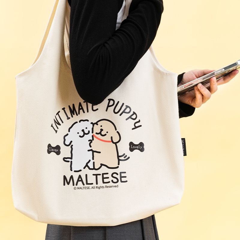 TEN BEANS หมามอลทีส Maltese กระเป๋าการ์ตูนความจุขนาดใหญ่หนึ่งร้อยไหล่กระเป๋าผ้าใบ