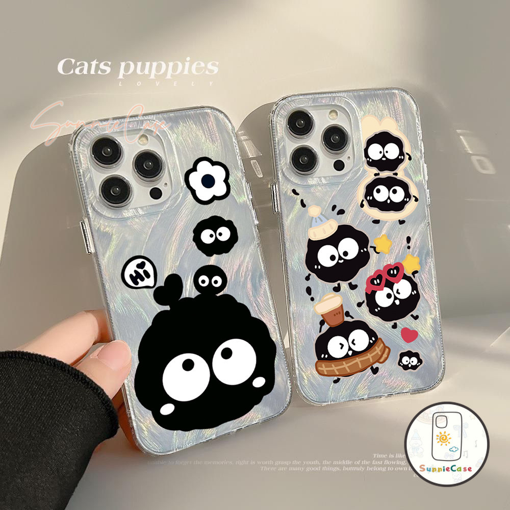 การ์ตูนน่ารักลูกบอลถ่านหินคู่รักดูเดิล เวอร์ขนนกเลเซอร์แขนนุ่ม iPhone XR 15 13 11 14 12 Pro Max X XS Max 7 8 Plus