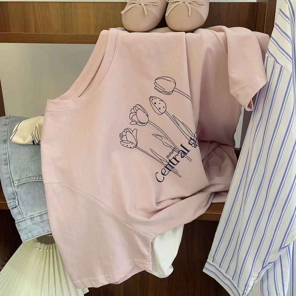 พร้อมส่ง เสื้อยืดผู้หญิง แขนสั้น คอกลม พิมพ์ลาย สีพื้นและหลากสี ใส่ลำลอง แฟชั่นสไตล์เกาหลี