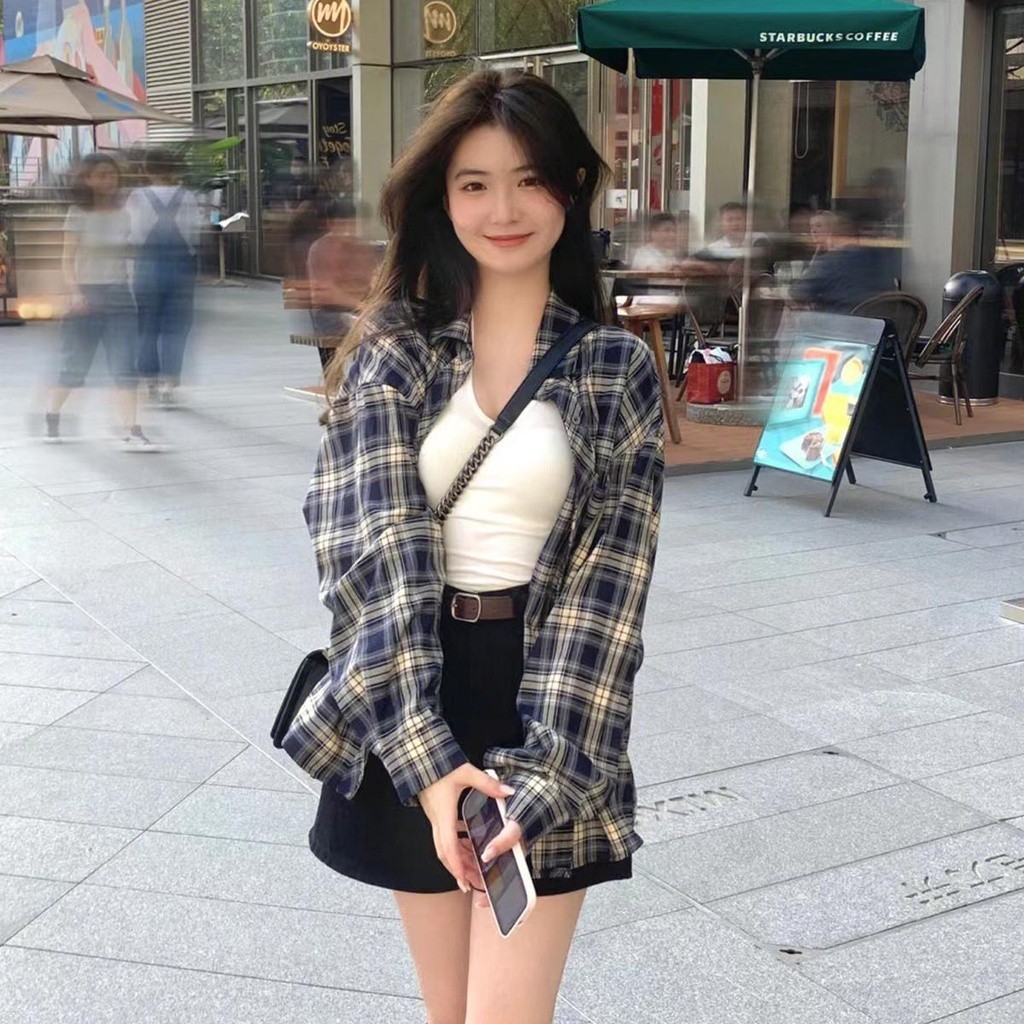 Dahong W270🔥เสื้อเชิ้ตแขนยาว เสื้อเชิ้ตลายสก๊อตแขนยาววินเทจผู้หญิง ทรงโอเวอร์ไซส์ ใส่หลวมๆ แฟชั่นฤดูร้อน สไตล์ฝรั่งเศส - รูปที่ 3