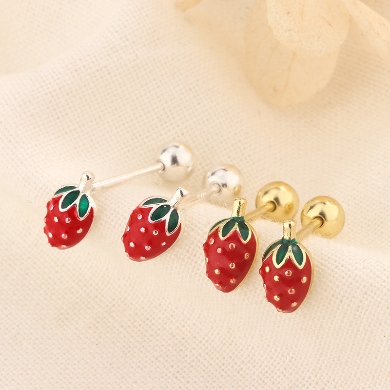 Silver Plated Helix ต่างหูสีแดงเคลือบสตรอเบอร์รี่สตั๊ดต่างหูผู้หญิงน่ารัก Fine Hypoallergenic เครื่องประดับสาวของขวัญ