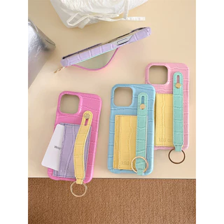 Macaron สี + สายรัดข้อมือ + กระเป๋าการ์ดสําหรับ iPhone 16 15 14 12 13 Pro Max เคส iPhone ป้องกัน anti-drop ฝาหลังกรณี