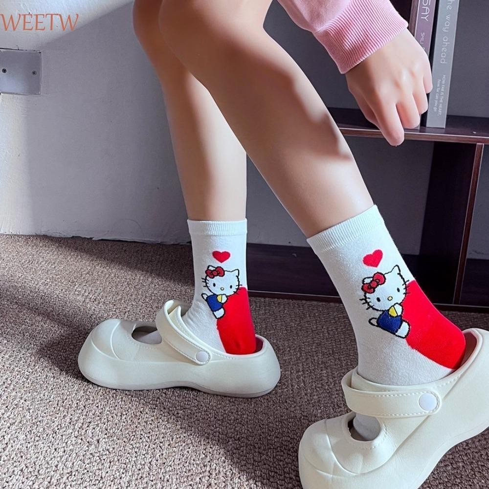 Weekw ถุงเท้าแมวคิตตี้, ผ้าฝ้ายสัตว์การ์ตูนอะนิเมะถุงเท้า, Kawaii Letter Katie Cat Lolita สไตล์ Streetwear