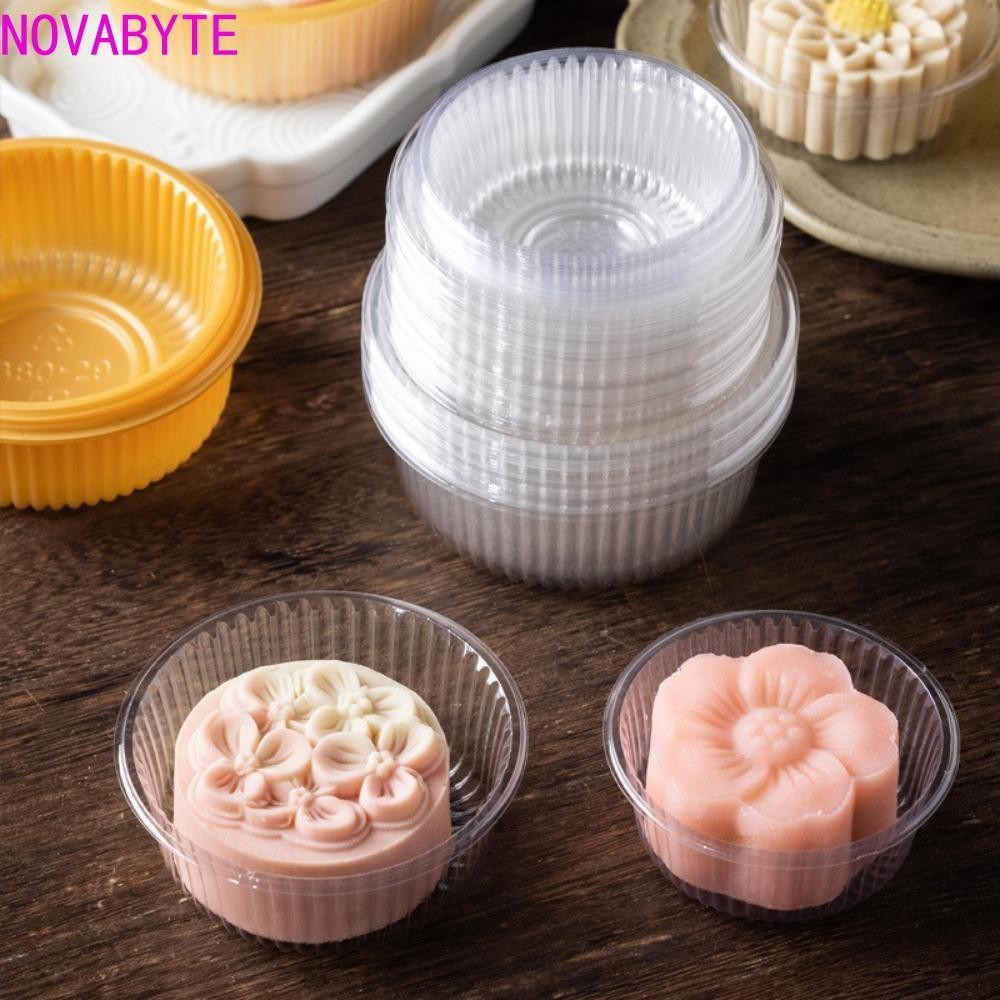 โนวาบายต์ ถาดด้านในขนมไหว้พระจันทร์ 100 ชิ้น, โปร่งใส/สีเหลืองรอบกล่องบรรจุภัณฑ์ขนม, กล่องบรรจุภัณฑ์อบหนาพลาสติกที่วางเค้กดวงจันทร์เบ