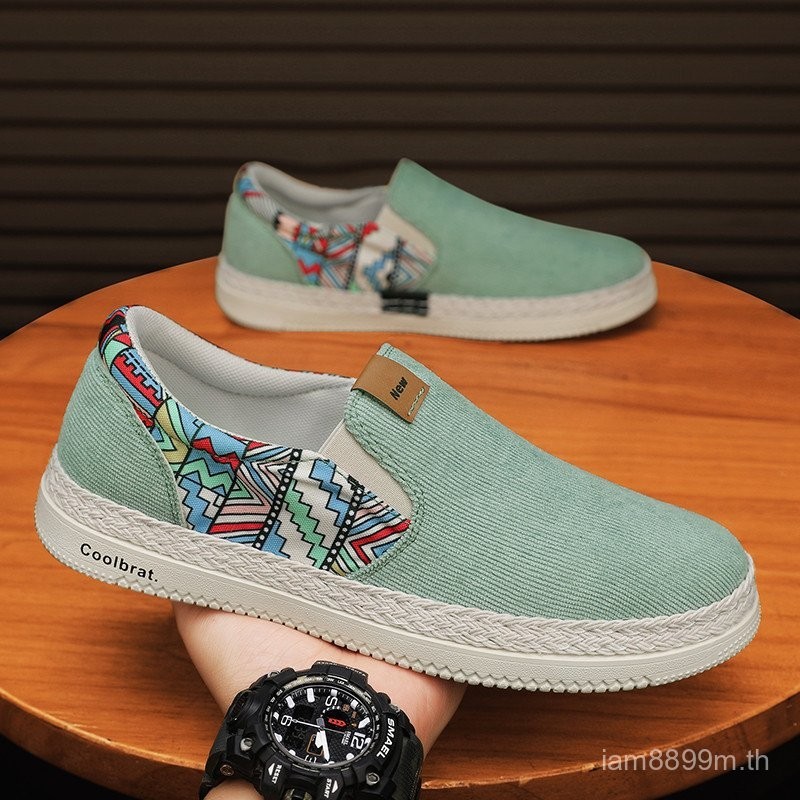 ไก่ฟ้า รองเท้าผู้ชายฟาง Corduroy รองเท้าผ้าใบ Lazy Slip-On รองเท้าผู้ชาย 0622