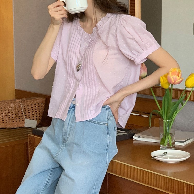Suxi เสื้อเบลาส์แขนสั้นแขนฟองเกาหลีผู้หญิงด้านบน 240622