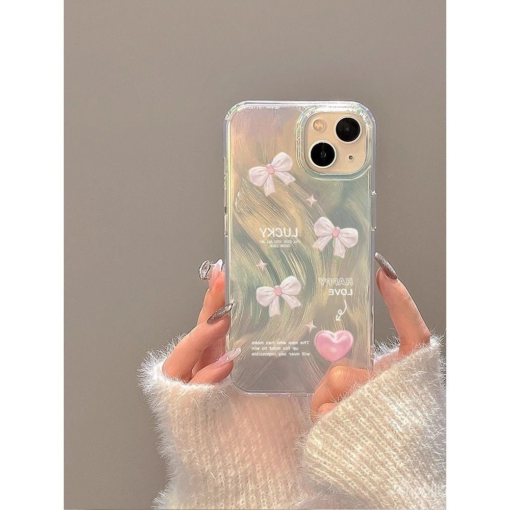 Love โบว์ภาษาอังกฤษเหมาะสําหรับ iPhone1514promax เลเซอร์กระพริบ 13pro เส้นด้ายขนนกพรีเมี่ยม 12 11 7 8plus Xr X Xs Max ขนาดใหญ่รูกันกระแทกโทรศัพท์มือถือกรณี ABOC
